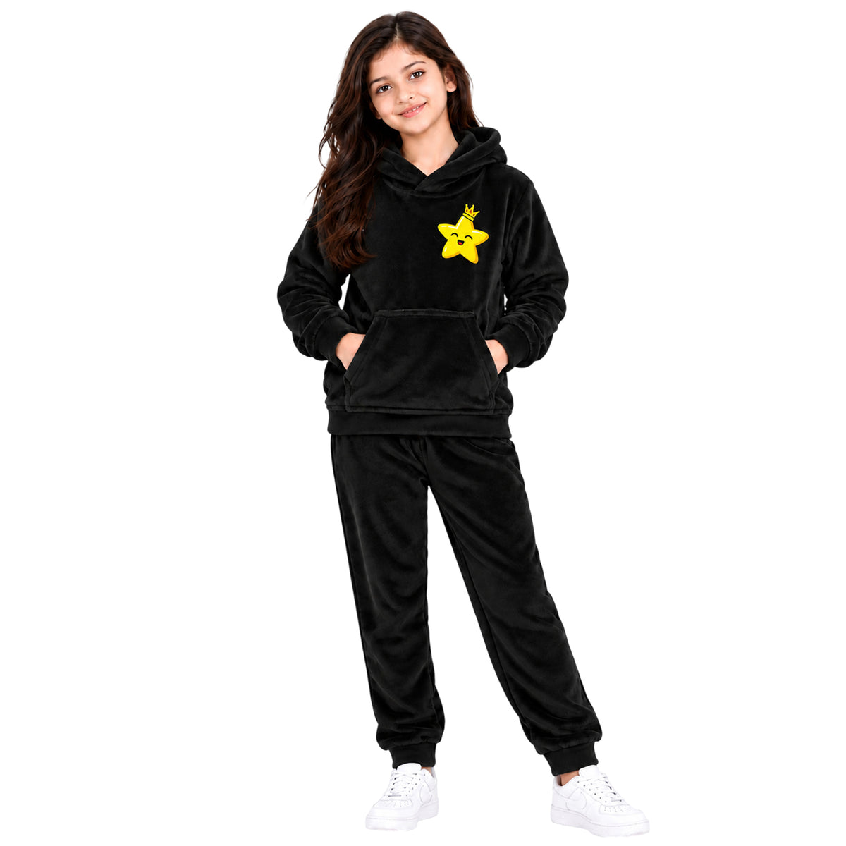 Kuchipoo Girls Velvet Hooded Sweatshirt & Jogger Set | Soft Velour Hoodie with Kangaroo Pocket & Pajama | Warm Full Sleeve Winterwear