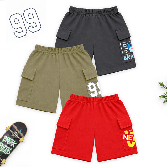 Kuchipoo Boys Cotton Cargo Shorts | Elastic Waistband | Double Pocket Shorts | Summer Casual Wear for Kids | Pack of 3