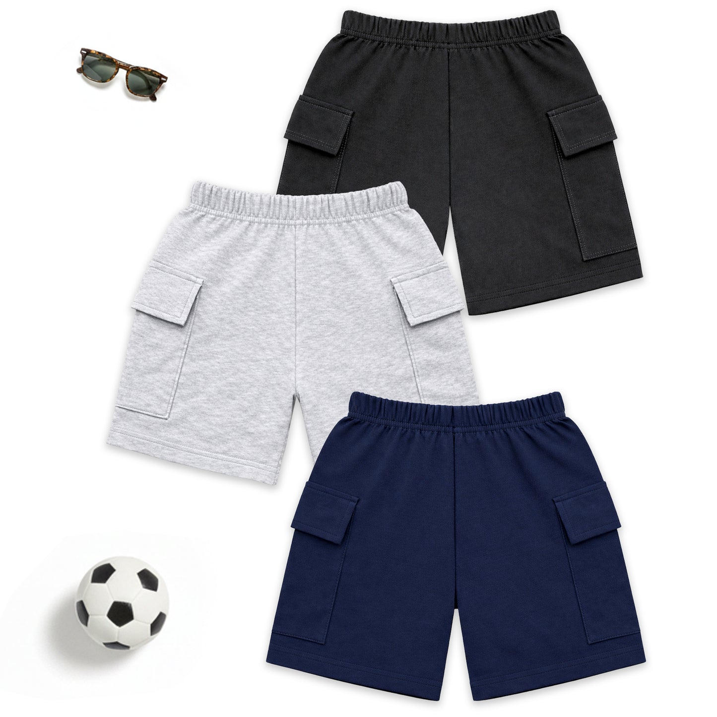 Kuchipoo Boys Cotton Cargo Shorts | Elastic Waistband | Double Pocket Shorts | Summer Casual Wear for Kids- Pack of 3