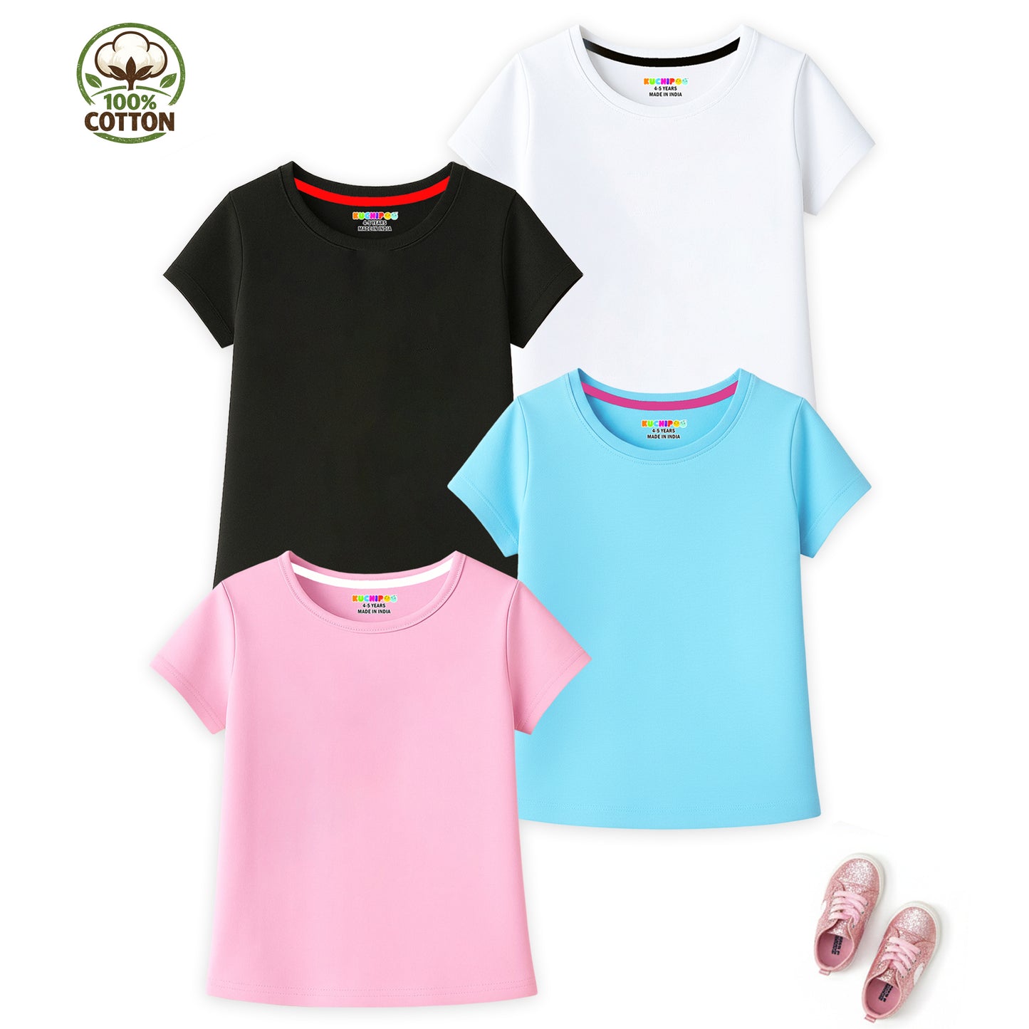 Kuchipoo Girls 100% Cotton Half Sleeve T-Shirt | Soft & Breathable Fabric | Round Neck Plain Solid Tee | Comfortable Pack of 4
