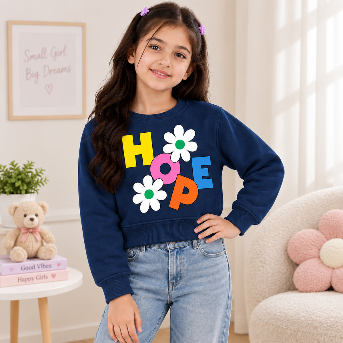 Kuchipoo Girls Crop Top Sweatshirt | Round Neck Pullover | Soft & Comfortable Casual Winter Wear for Kids