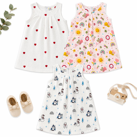 Kuchipoo Baby Girls 100% Muslin Cotton Sleeveless Frocks with Back Zip Closure – Soft & Breathable Dresses - Pack of 3