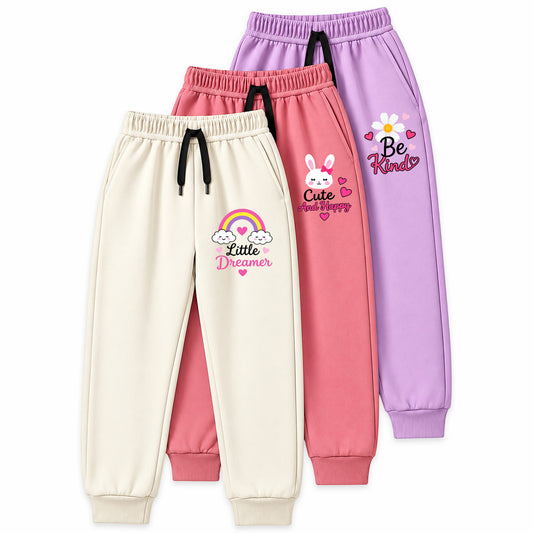 Kuchipoo Girls Printed Jogger Track Pants | Soft & Comfortable Regular Fit Lower with Elastic Waist, Drawstring & Ribbed Cuffs | Casual Sportswear for Kids | Pack of 3
