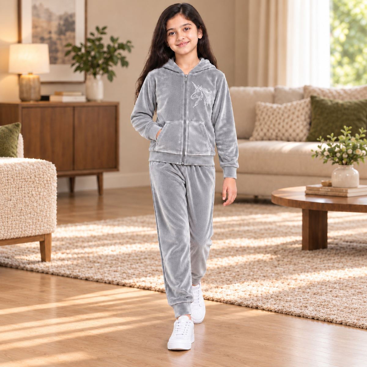 Kuchipoo Girls Velvet Zipper Hooded Sweatshirt & Jogger Set | Soft Velour Zip-Up Hoodie with Kangaroo Pockets & Pajama | Warm Full Sleeve Winterwear