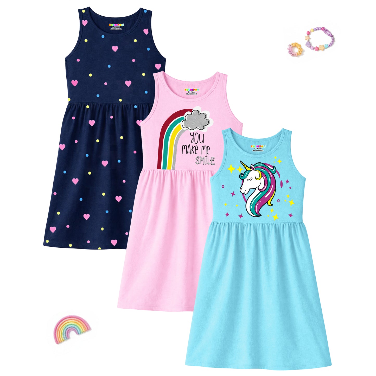 Kuchipoo Girls Regular Fit Cotton Frocks - Pack of 3