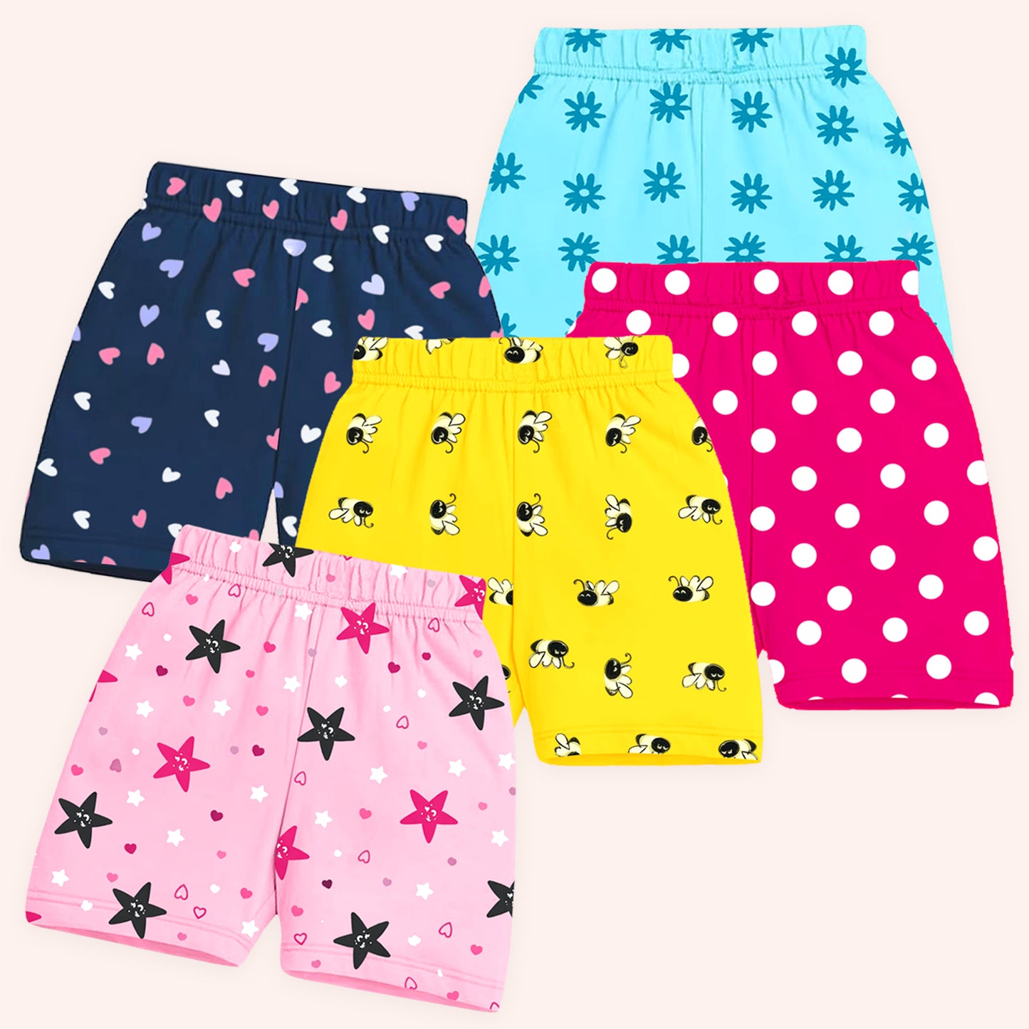 Kuchipoo Girls Cotton Printed Shorts | Elastic Waist | Summer Wear Shorts for Kids - Pack of 5