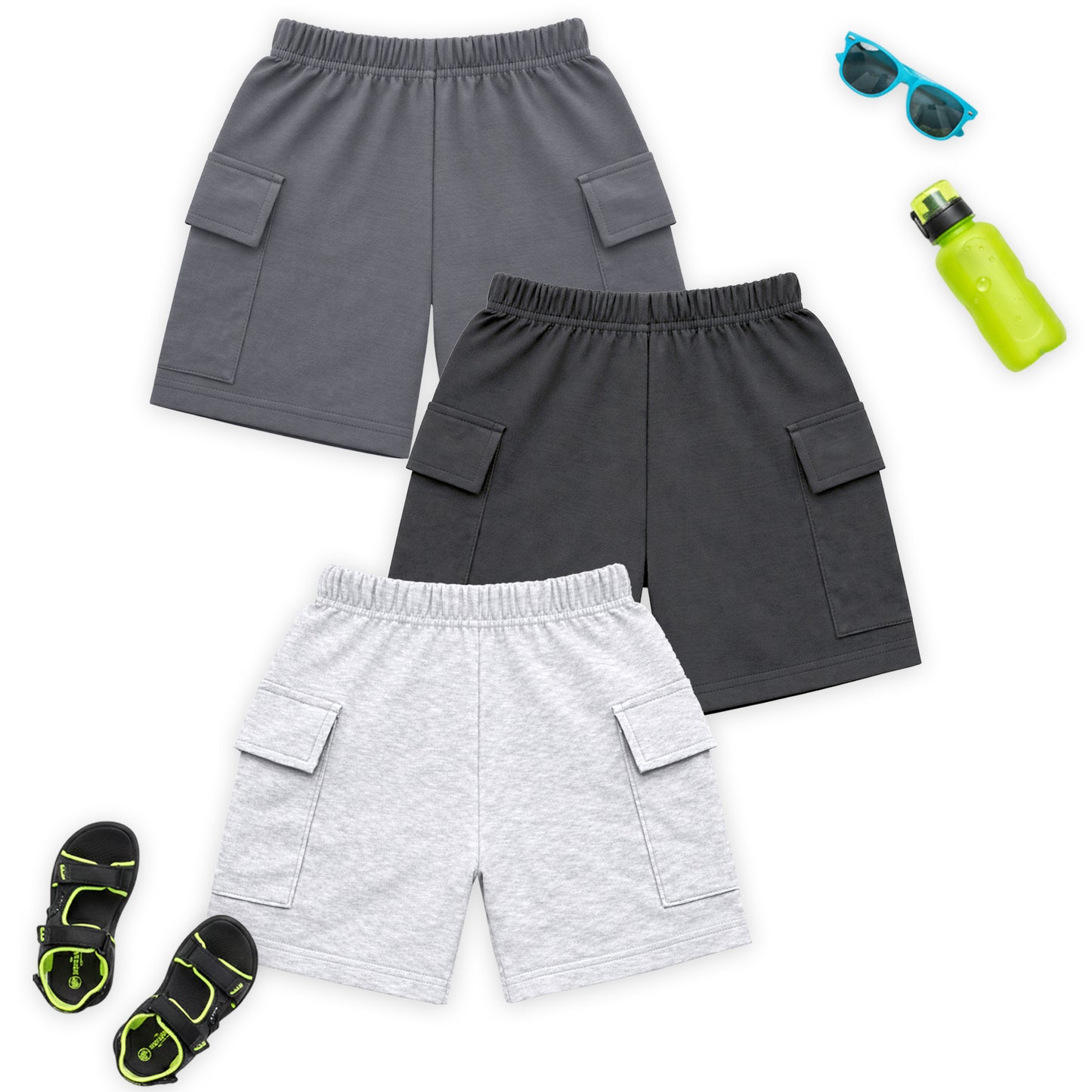 Kuchipoo Boys Cotton Cargo Shorts | Elastic Waistband | Double Pocket Shorts | Summer Casual Wear for Kids | Pack of 3