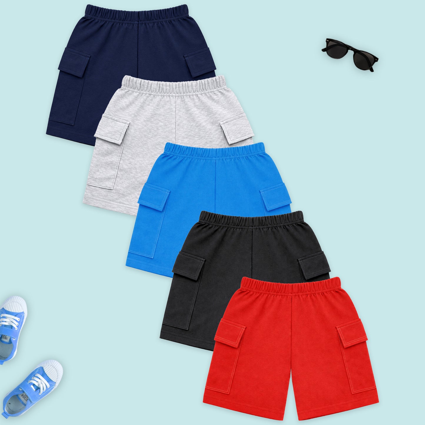 Kuchipoo Boys Cotton Cargo Shorts | Elastic Waistband | Double Pocket Shorts | Summer Casual Wear for Kids- Pack of 5