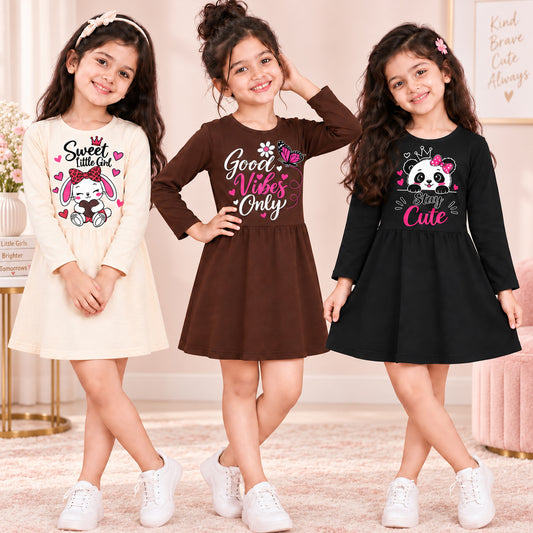 Kuchipoo Girls Cotton Printed Dresses Pack of 3 | Full Sleeve Round Neck Casual Frocks | Soft & Comfortable Everyday Wear for Kids