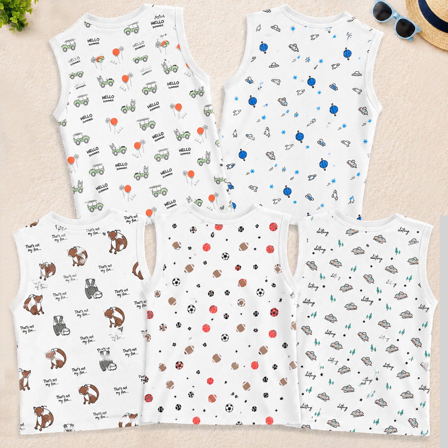 Kuchipoo Boys Sleeveless 100% Cotton T-Shirt | Cute Graphic Print | Soft & Breathable Fabric | Round Neck Summer Top | Casual for Baby Boys and Baby Girls | Pack of 5