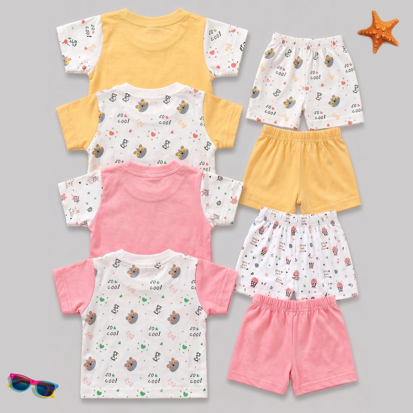 Kuchipoo Girls 100% Cotton T-Shirt & Shorts Set | Printed Summer Wear Set | Soft & Comfortable Kids Clothing | Pack of 4