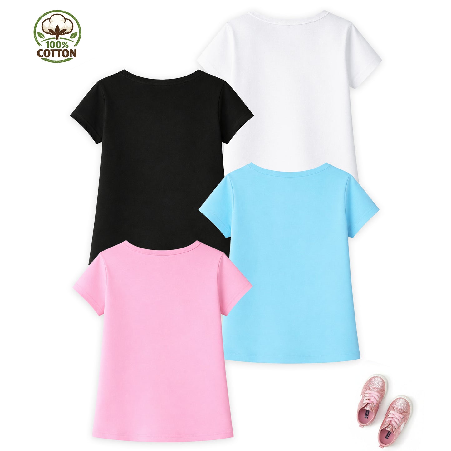 Kuchipoo Girls 100% Cotton Half Sleeve T-Shirt | Soft & Breathable Fabric | Round Neck Plain Solid Tee | Comfortable Pack of 4