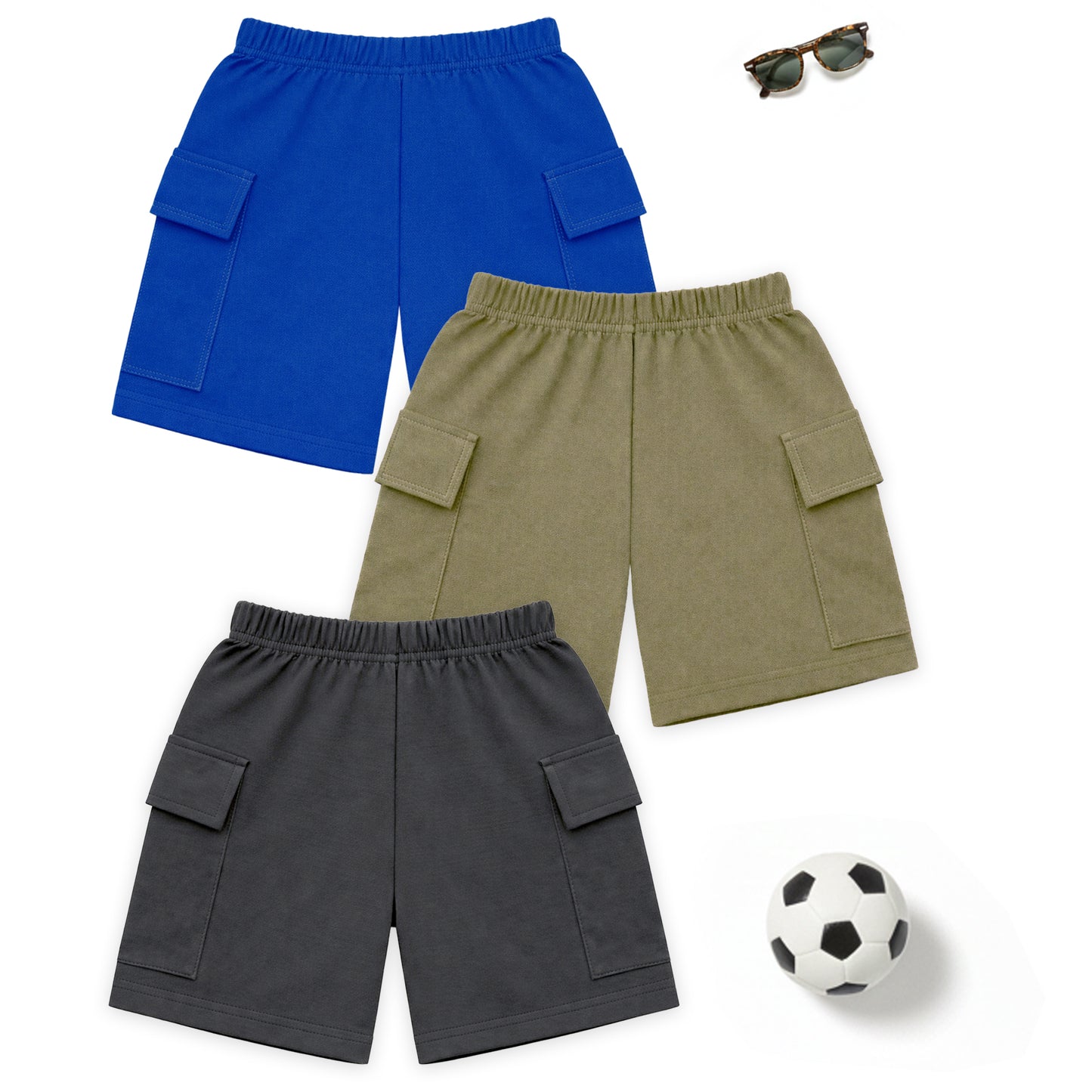 Kuchipoo Boys Cotton Cargo Shorts | Elastic Waistband | Double Pocket Shorts | Summer Casual Wear for Kids | Pack of 3