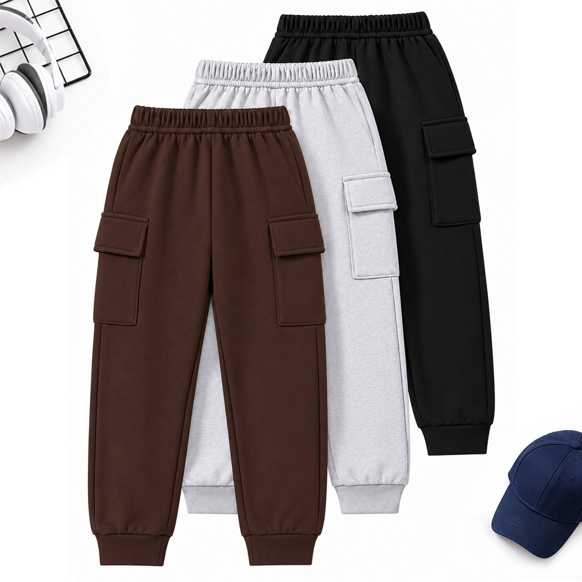Kuchipoo Boys 4 Pocket Cargo Jogger Pants | Regular Fit Track Pants with Utility Pockets | Soft & Comfortable Casual Wear | Pack of 3