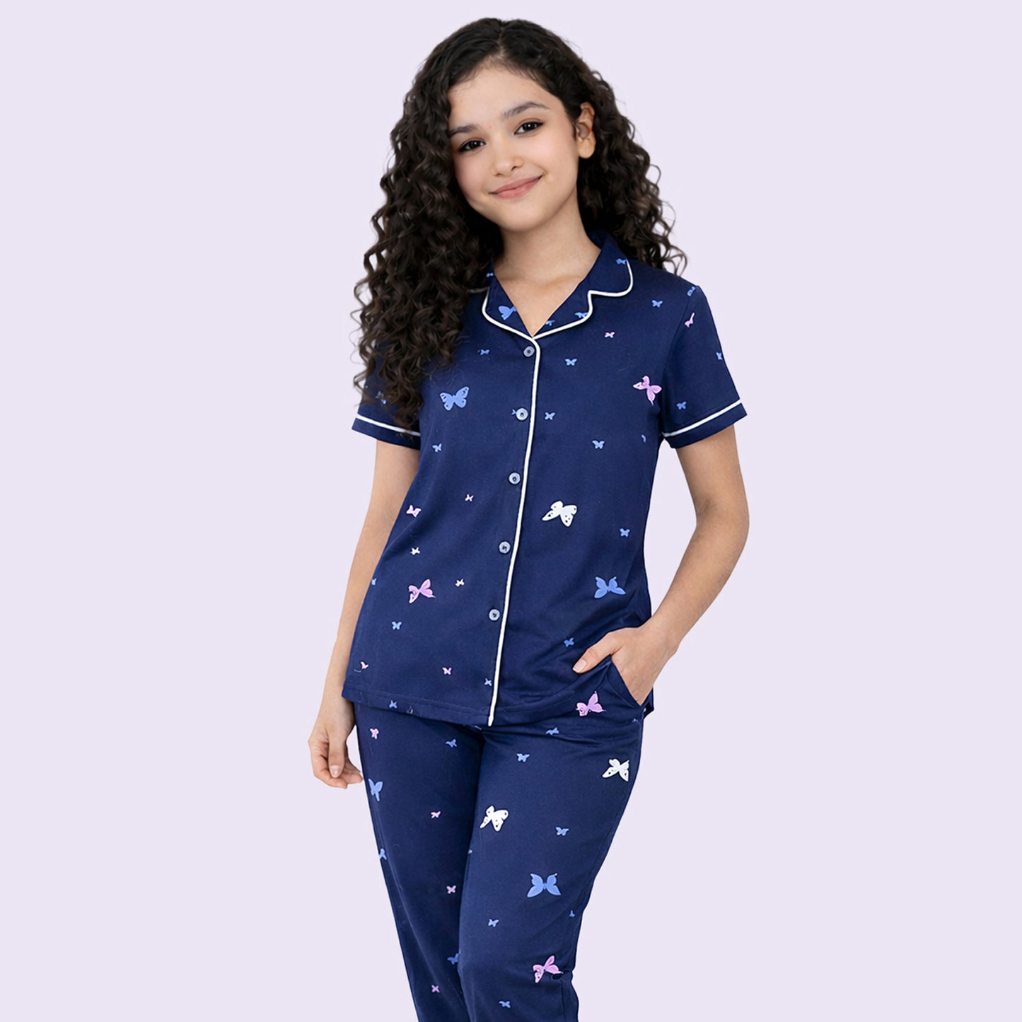 Kuchipoo Girls 100% Cotton Night Suit Set | Soft & Breathable Printed Pyjama Set | Half Sleeve Button Down Sleepwear for Girls