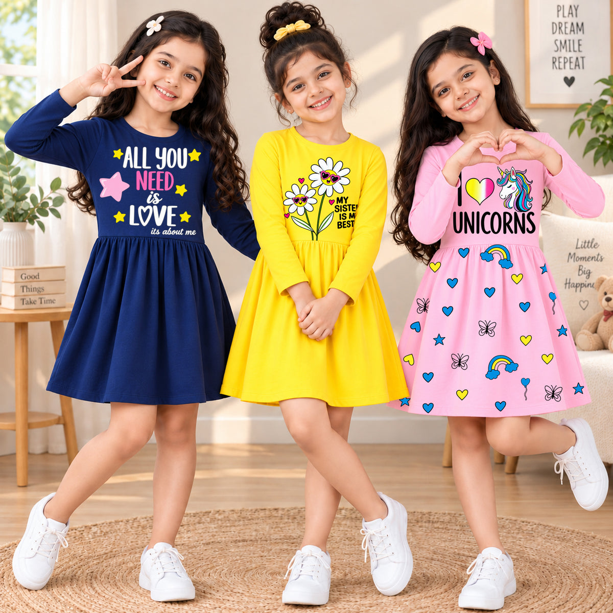 Kuchipoo Girls Cotton Printed Dresses Pack of 3 | Full Sleeve Round Neck Casual Frocks | Soft & Comfortable Everyday Wear for Kids (Copy)