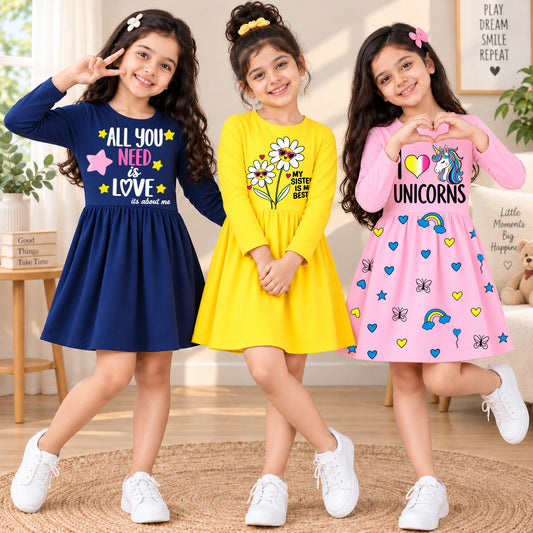 Kuchipoo Girls Cotton Printed Dresses Pack of 3 | Full Sleeve Round Neck Casual Frocks | Soft & Comfortable Everyday Wear for Kids (Copy)