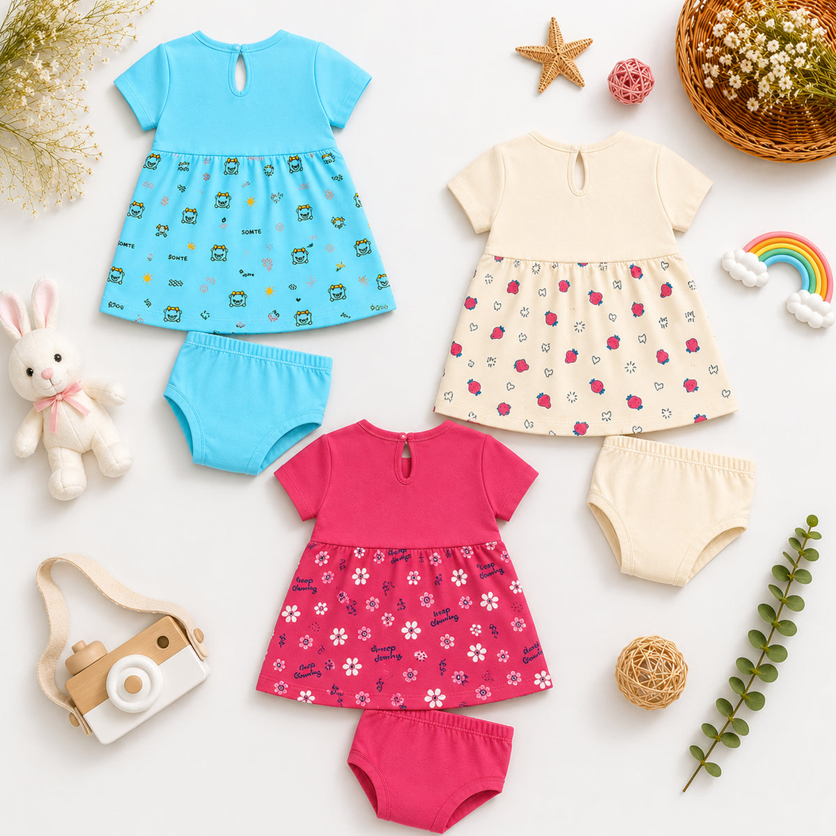 Kuchipoo Baby Girls 100% Cotton Frock and Panty Set - Pack of 3