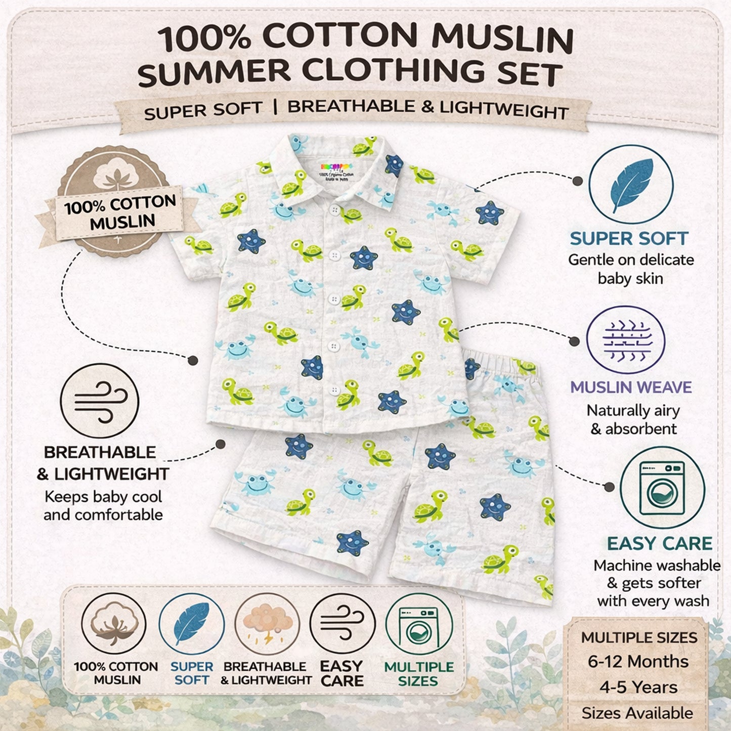 Kuchipoo Boys 100% Muslin Organic Cotton Co-Ord Set | Printed Half Sleeve Shirt & Shorts | Soft Breathable Fabric | Casual Summer Wear | Boys Stylish Outfit