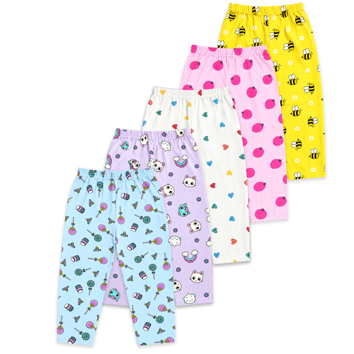 Kuchipoo Girls 100% Cotton Pajamas Combo | Soft Elastic Waist | Cute Animal Prints | Everyday Wear | Pack of 5