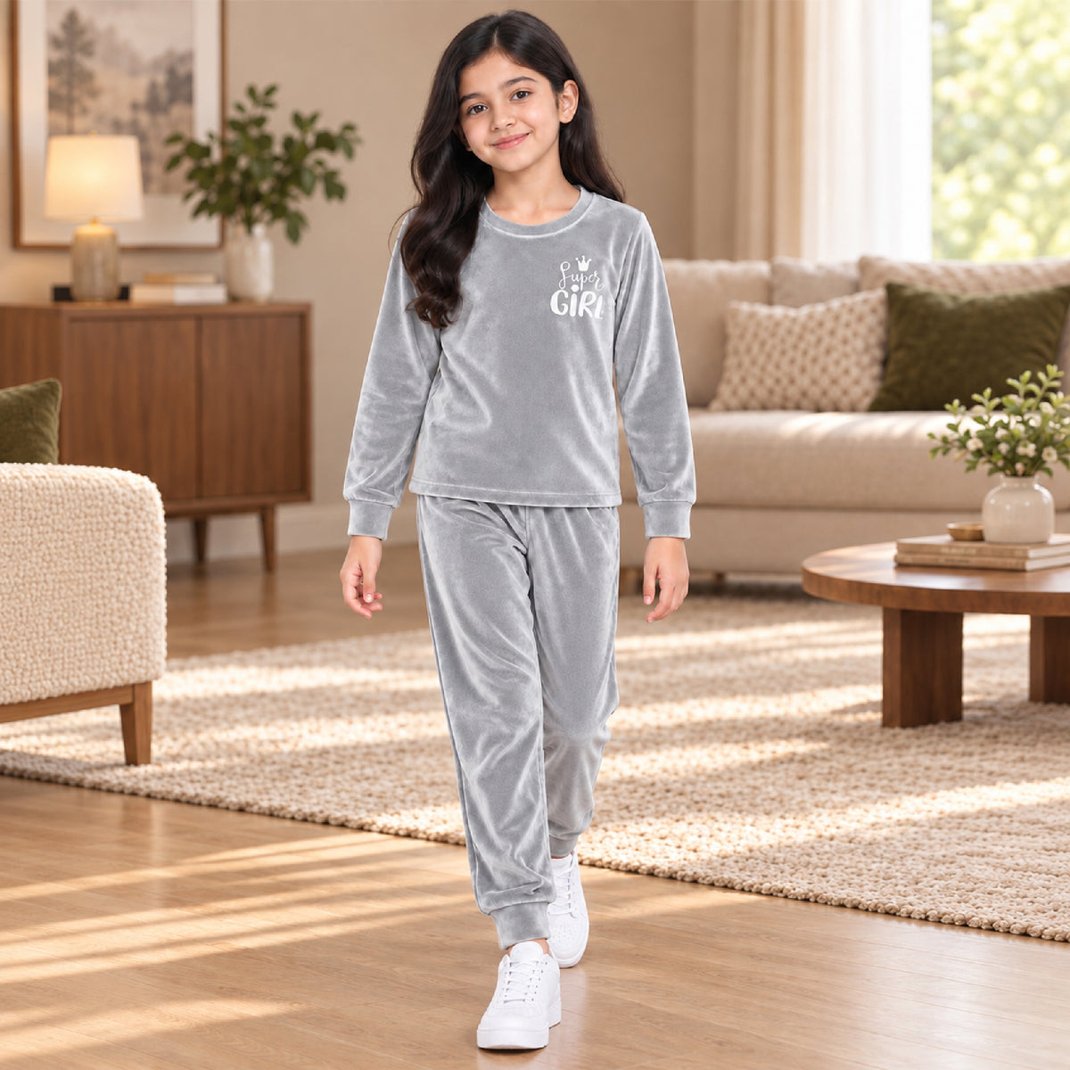 Kuchipoo Girls Velvet Sweatshirt & Jogger Set | Soft Velour Round Neck Full Sleeve Top & Pajama | Warm Winterwear