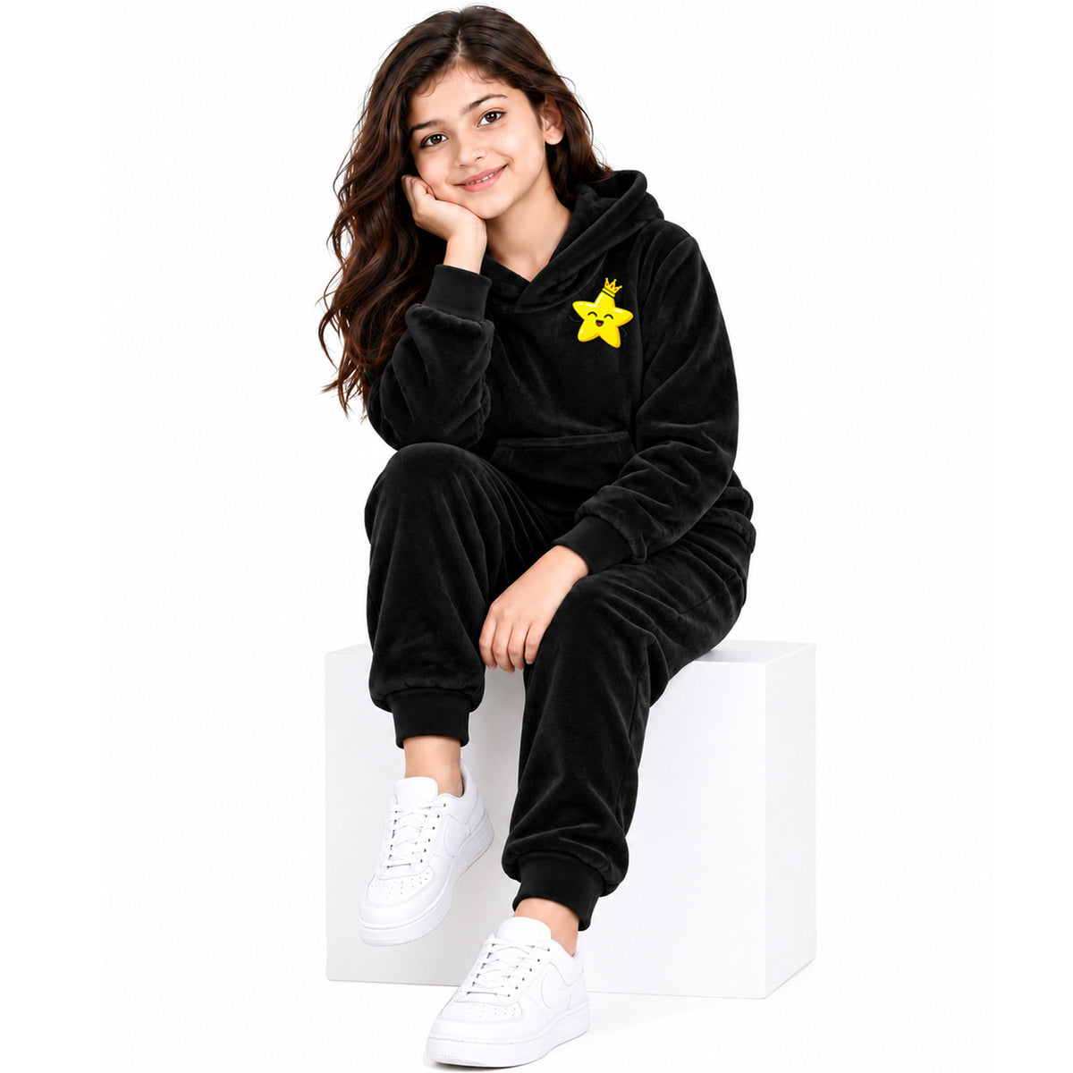 Kuchipoo Girls Velvet Hooded Sweatshirt & Jogger Set | Soft Velour Hoodie with Kangaroo Pocket & Pajama | Warm Full Sleeve Winterwear