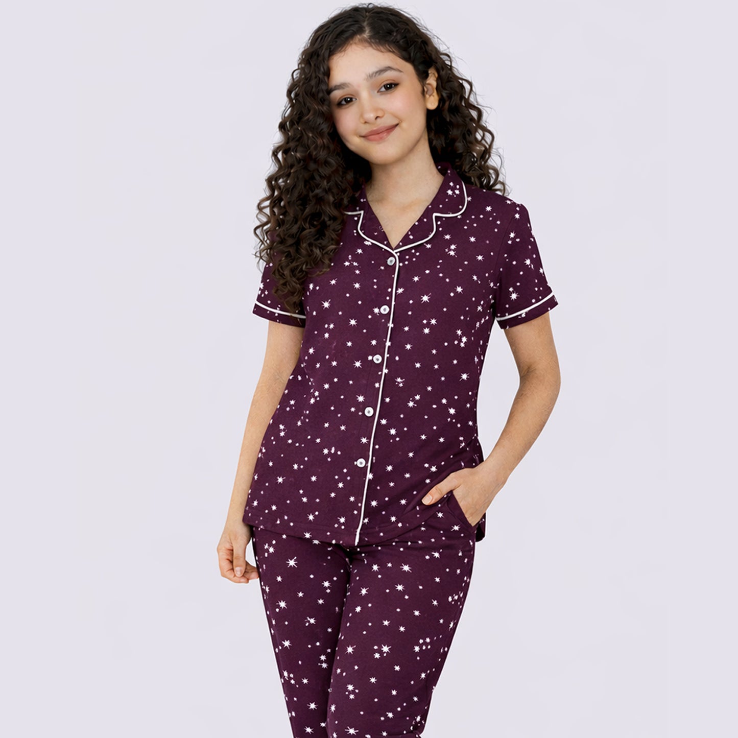 Kuchipoo Girls 100% Cotton Night Suit Set | Soft & Breathable Printed Pyjama Set | Half Sleeve Button Down Sleepwear for Girls