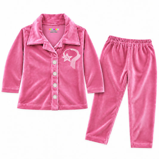 Kuchipoo Girls Velvet Co-Ord Set | Full Sleeve Button Style Round Neck Top with Matching Track Pants | Soft & Comfortable Winter Outfit Set for Kids