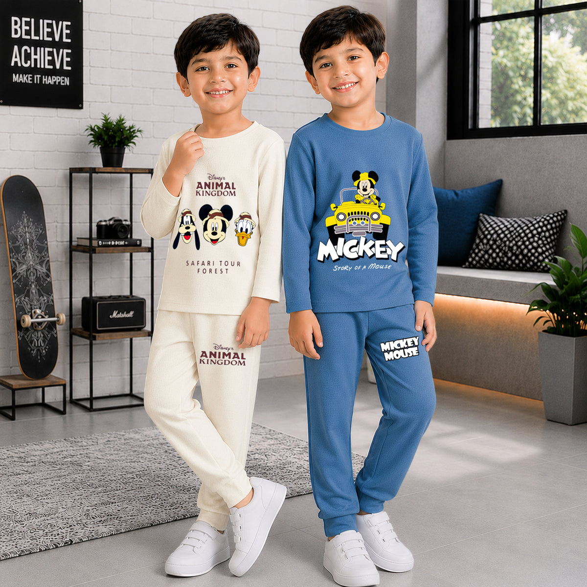 Kuchipoo © Disney Boys Mickey Mouse Printed Cotton T-Shirt & Pyjama Set | Full Sleeve Casual Wear | Pack of 2 Sets