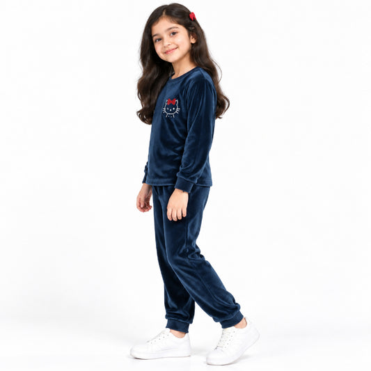Kuchipoo Girls Velvet Night Suit Set | Full Sleeve Winter Pajama Set with Cute Kitty Design| Warm & Soft Winterwear for Girls