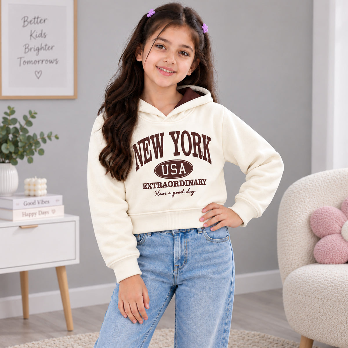 Kuchipoo Girls Printed Crop Hoodie | Full Sleeve Hooded Sweatshirt | Soft & Comfortable Casual Winter Wear for Kids