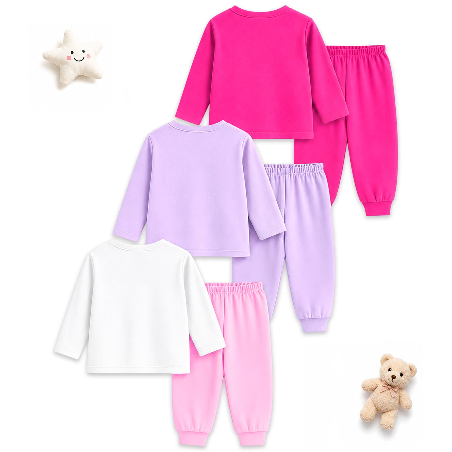 Kuchipoo Girls Cotton T-shirts & Pajamas Set | Full Sleeve Printed Top & Pajama | Soft & Breathable Sleepwear | Comfortable Elastic Waist | Pack of 3