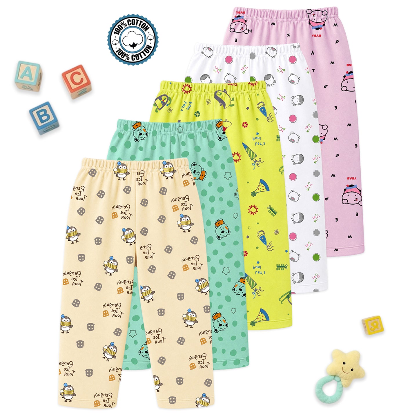 Kuchipoo Boys and Girls 100% Cotton Pajamas Combo | Soft Elastic Waist | Cute Animal Prints | Everyday Wear | Pack of 5