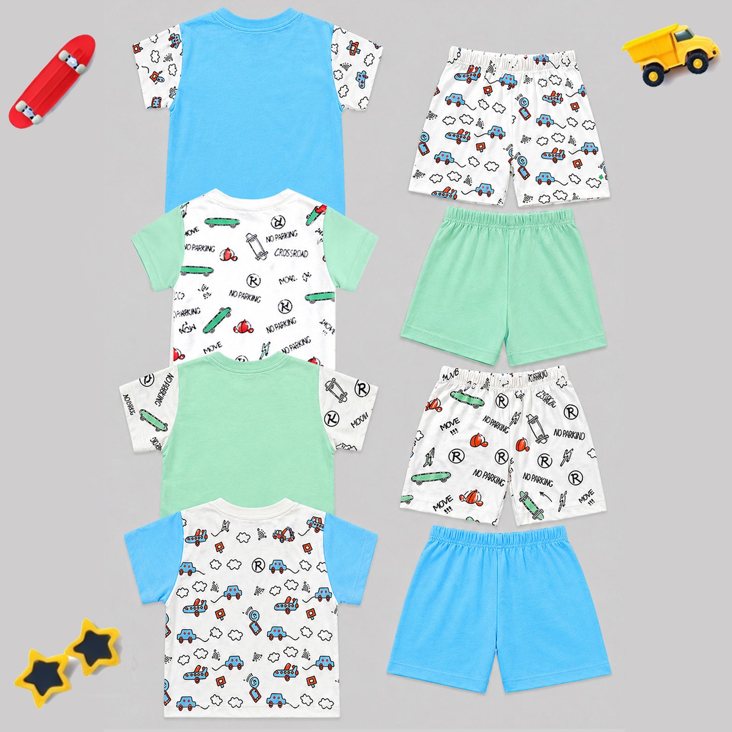 Kuchipoo Boys 100% Cotton T-Shirt & Shorts Set | Printed Summer Wear Set | Soft & Comfortable Kids Clothing | Pack of 4