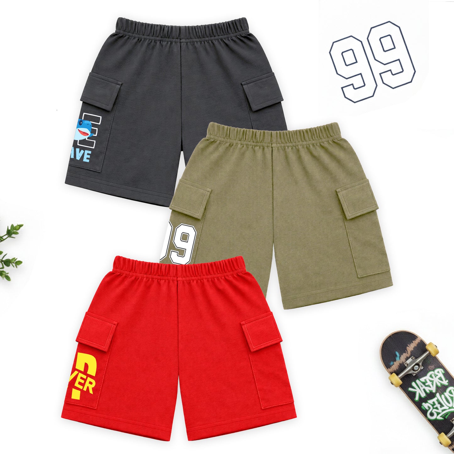 Kuchipoo Boys Cotton Cargo Shorts | Elastic Waistband | Double Pocket Shorts | Summer Casual Wear for Kids | Pack of 3