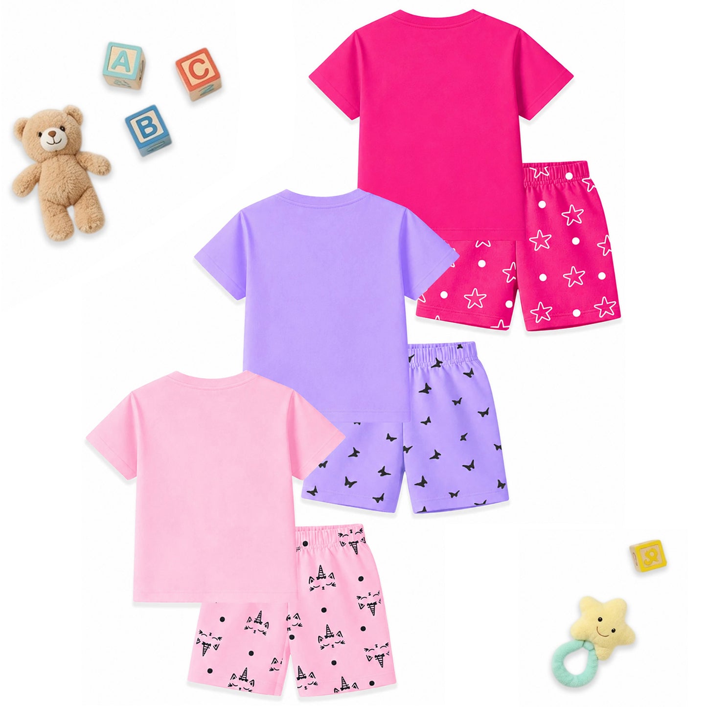 Kuchipoo Girls Cotton T-Shirt & Shorts | Printed Summer Wear Set | Soft & Comfortable Kids Clothing | Pack of 3