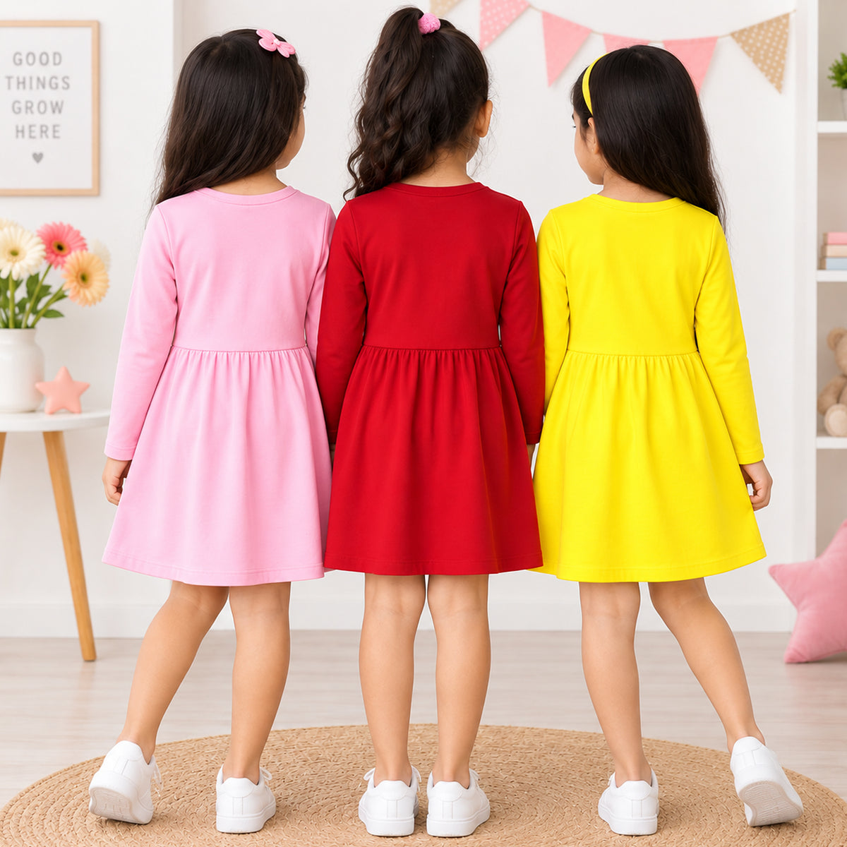 Kuchipoo Girls Cotton Printed Dresses Pack of 3 | Full Sleeve Round Neck Casual Frocks | Soft & Comfortable Everyday Wear for Kids
