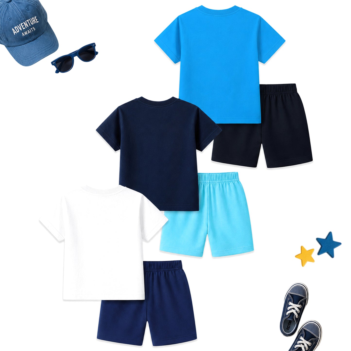 Kuchipoo Boys Cotton T-Shirt & Shorts Set | Half Sleeve Round Neck Top with Elastic Waist Shorts | Soft & Comfortable Casual Wear for Kids | Pack of 3