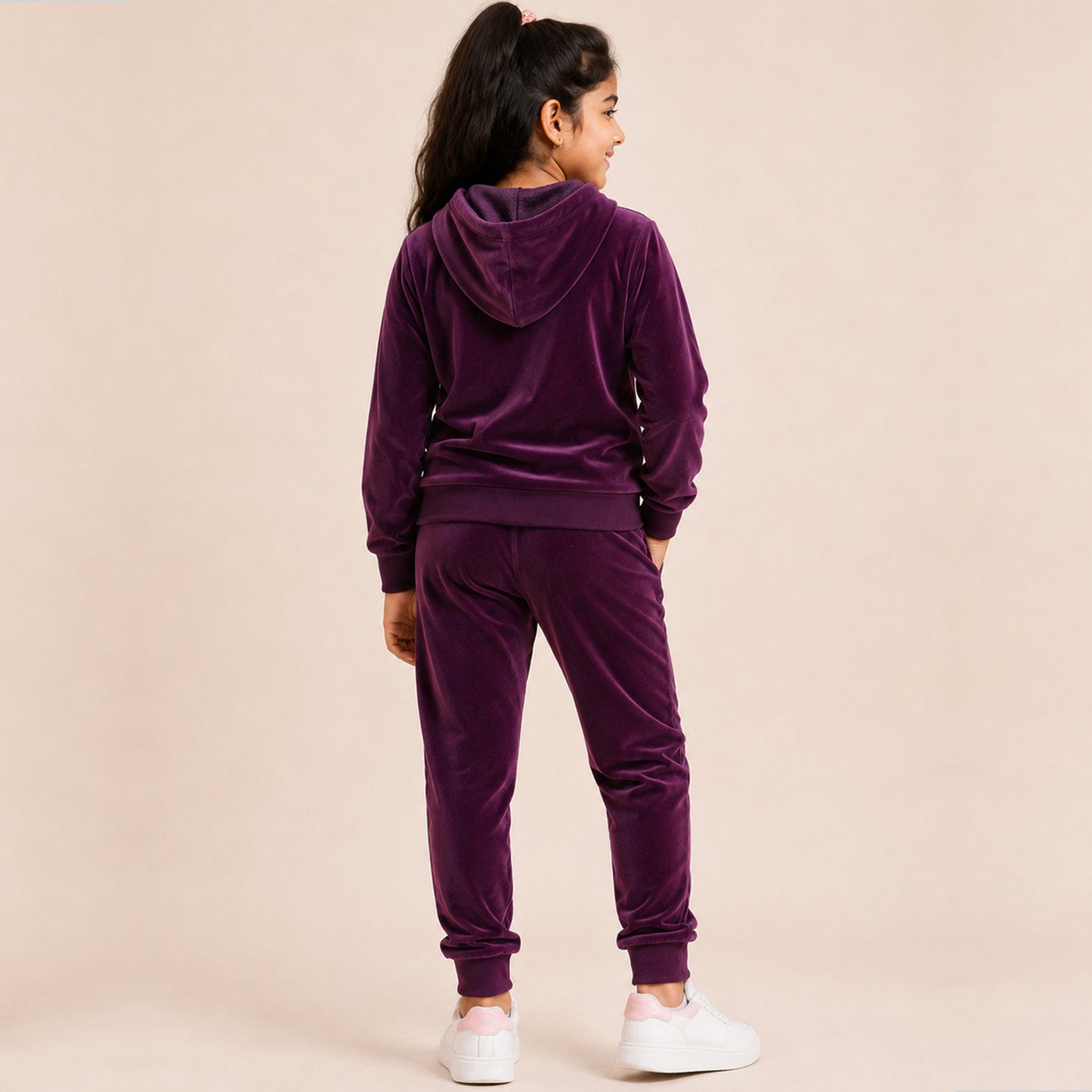 Kuchipoo Girls Velvet Hooded Top with Front Pocket and Pajama Set| Full Sleeve Winter Set | Warm & Soft Winterwear for Girls