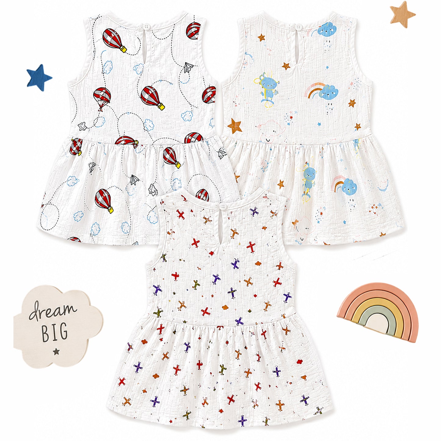 Kuchipoo Baby Girls 100% Muslin Cotton Frocks - Pack of 3