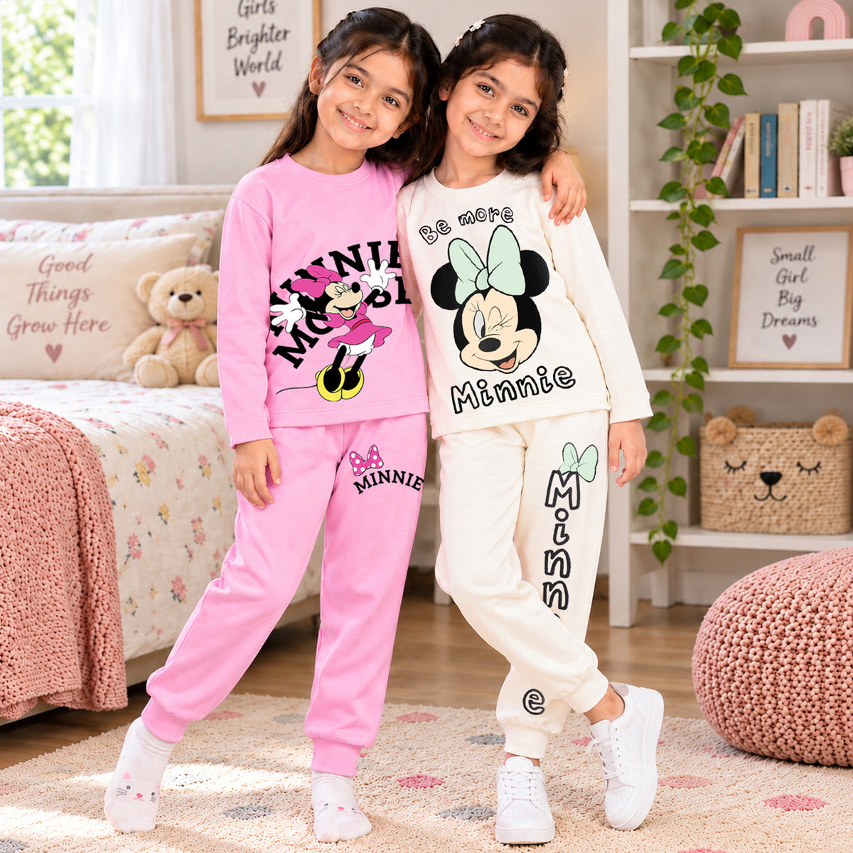 Kuchipoo © Disney Girls Minnie Mouse Printed Cotton T-Shirt & Pyjama Set | Full Sleeve Casual Wear | Pack of 2 Sets