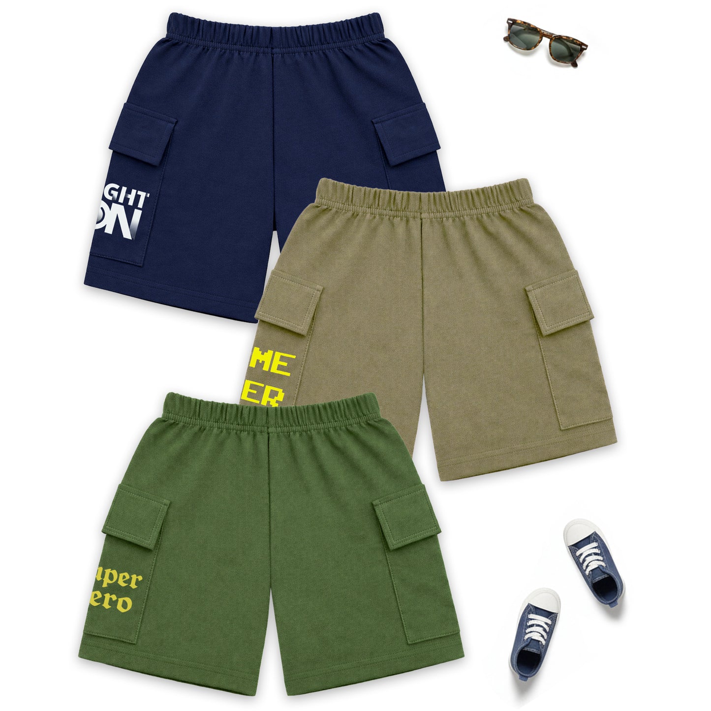 Kuchipoo Boys Cotton Cargo Shorts | Elastic Waistband | Double Pocket Shorts | Summer Casual Wear for Kids- Pack of 3