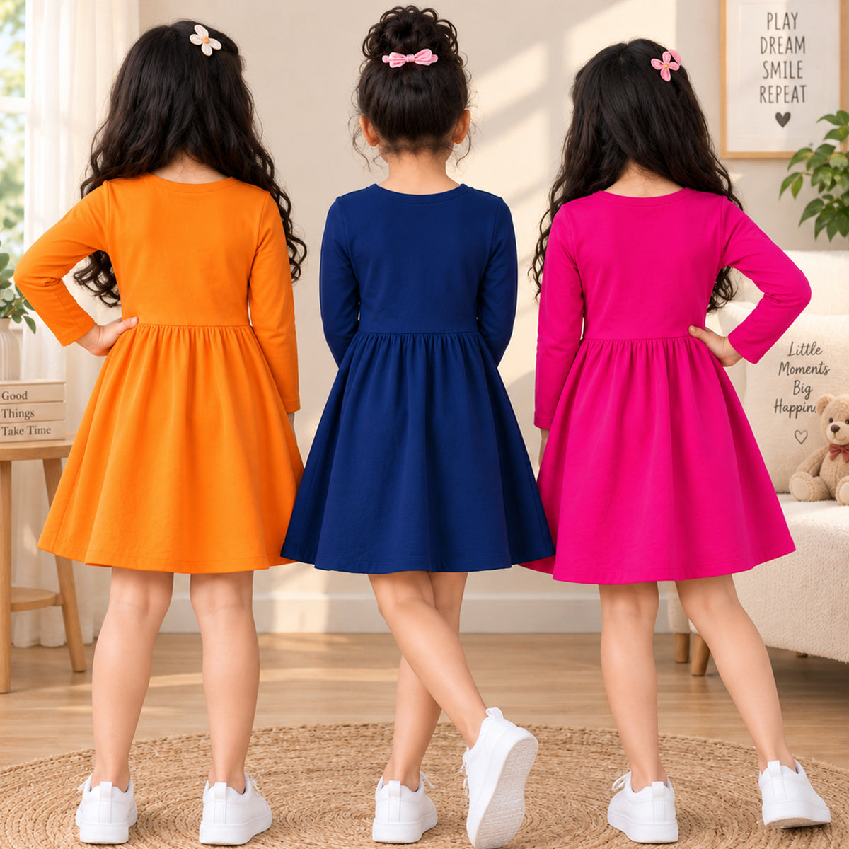 Kuchipoo Girls Cotton Printed Dresses Pack of 3 | Full Sleeve Round Neck Casual Frocks | Soft & Comfortable Everyday Wear for Kids (Copy) (Copy)