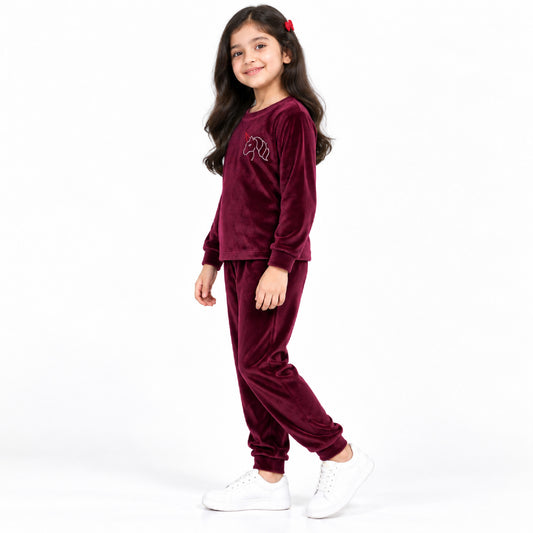 Kuchipoo Girls Velvet Night Suit Set | Full Sleeve Winter Pajama Set with Cute Unicorn Design| Warm & Soft Winterwear for Girls