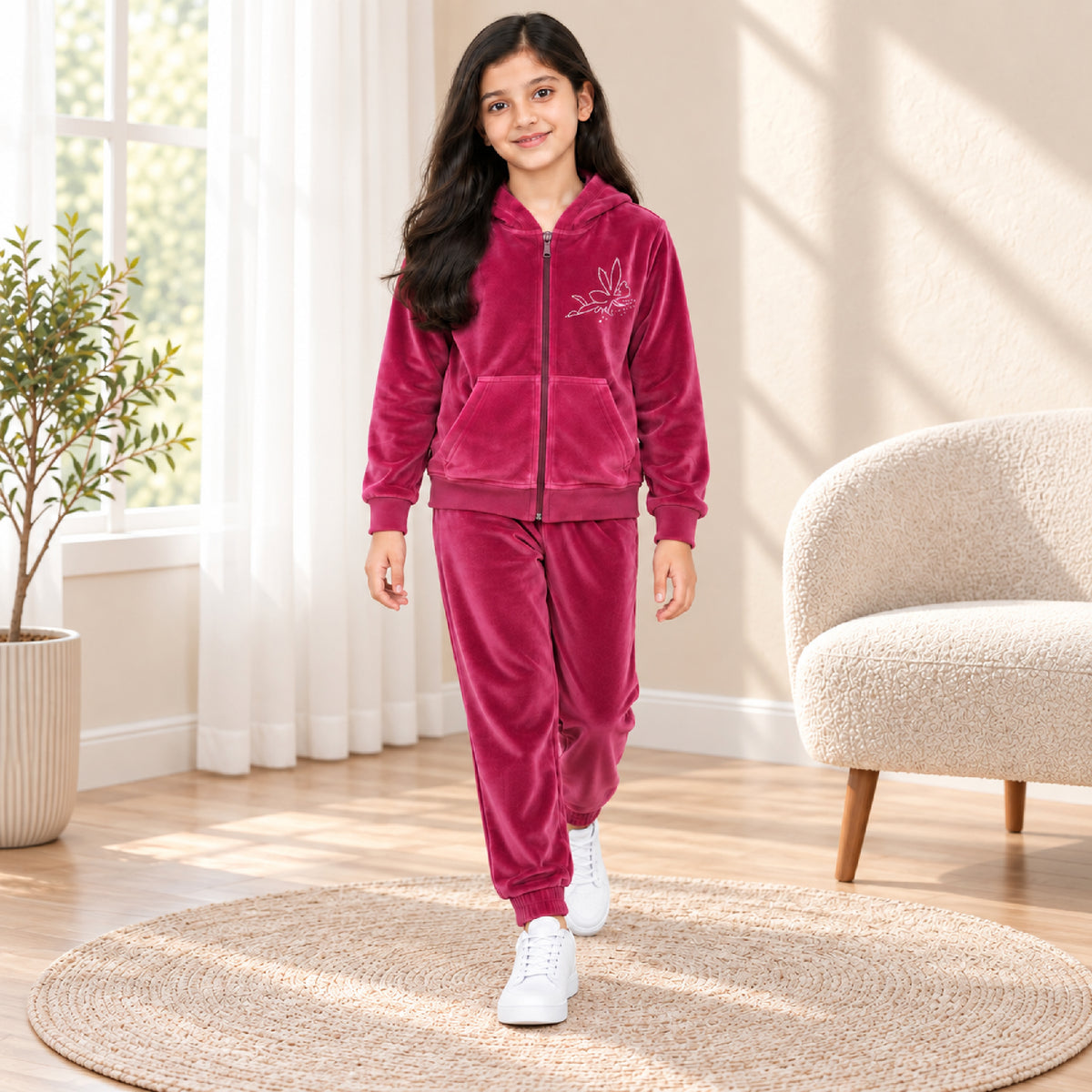 Kuchipoo Girls Velvet Zipper Hooded Sweatshirt & Jogger Set | Soft Velour Zip-Up Hoodie with Kangaroo Pockets & Pajama | Warm Full Sleeve Winterwear