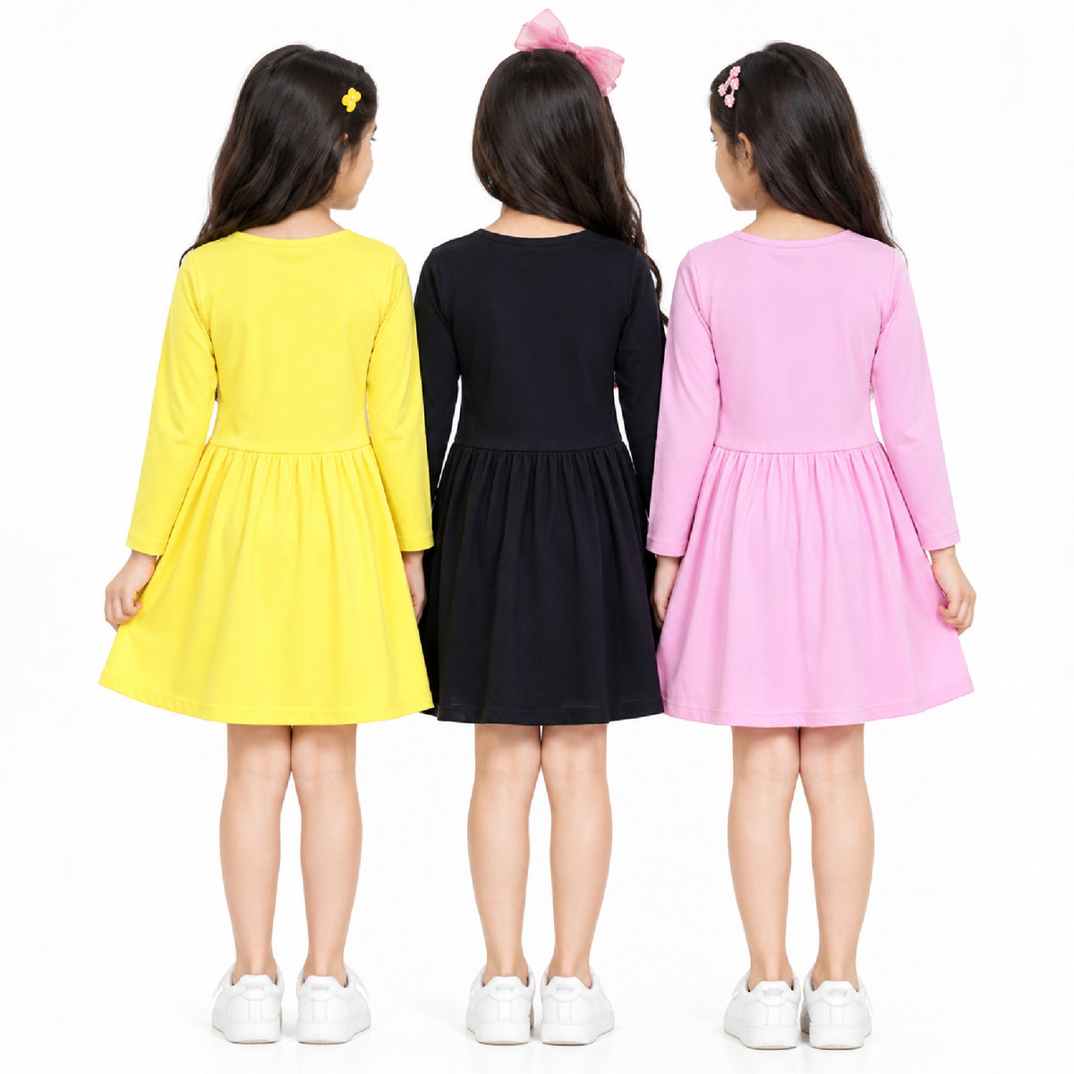 Kuchipoo Girls Cotton Printed Dresses Pack of 3 | Full Sleeve Round Neck Casual Frocks | Soft & Comfortable Everyday Wear for Kids