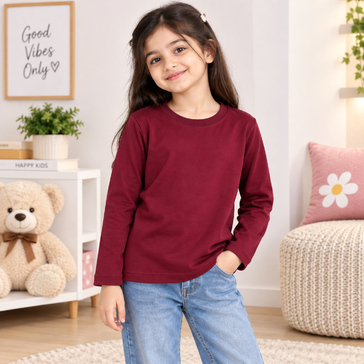 Kuchipoo Girls Cotton Solid T-Shirts | Full Sleeve Round Neck | Soft & Comfortable Casual Wear for Kids | Pack of 5