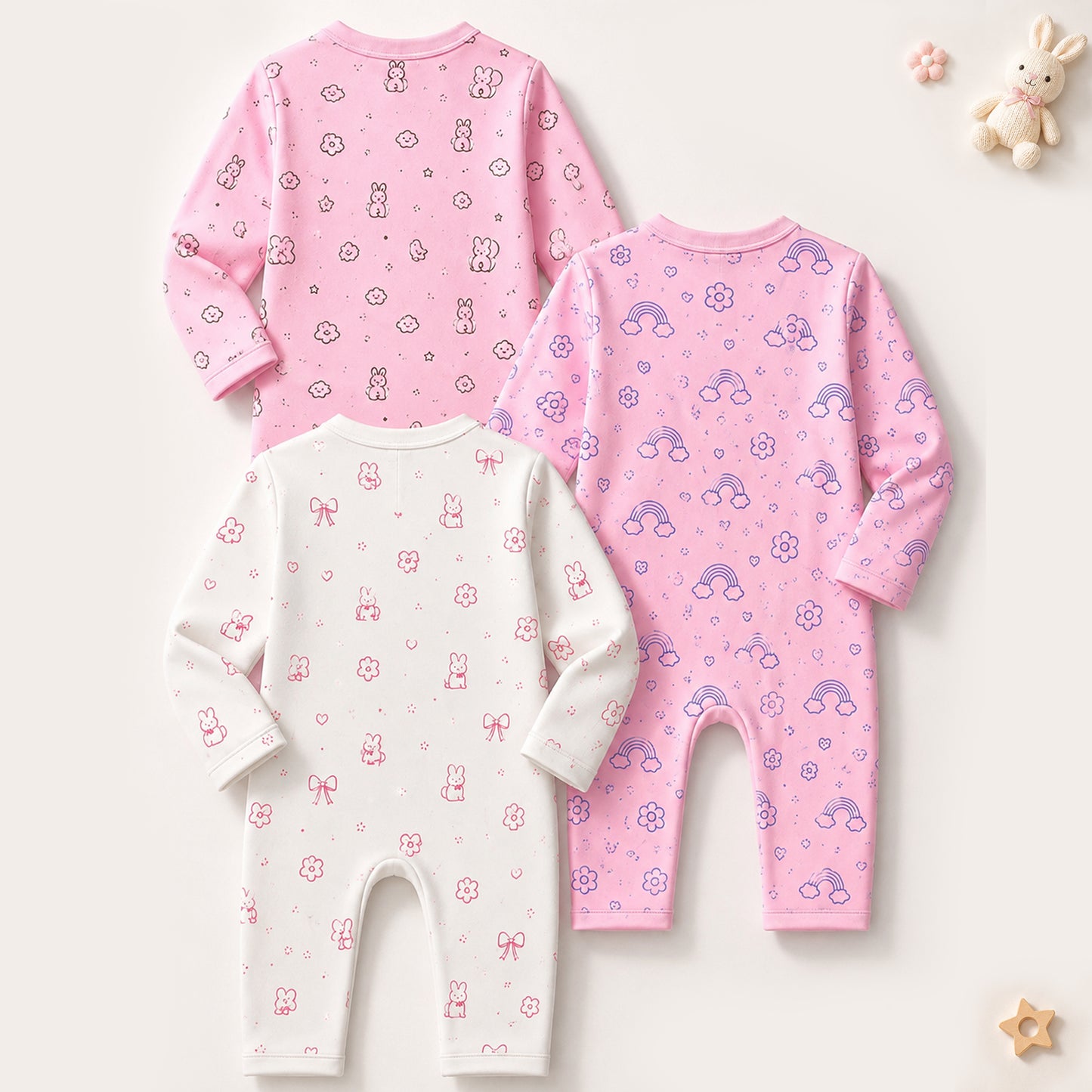 Kuchipoo 100% Cotton Baby Full Bodysuit Romper | Soft & Breathable Infant Clothing | Long Sleeve, Envelope Neck, Zip Closure | Pack of 3
