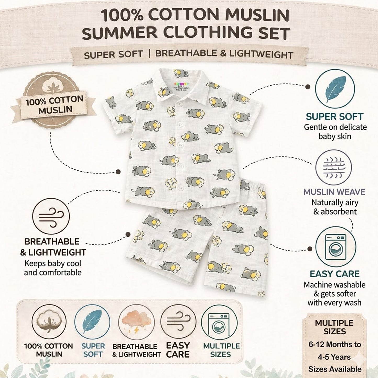 Kuchipoo Boys 100% Muslin Organic Cotton Co-Ord Set | Printed Half Sleeve Shirt & Shorts | Soft Breathable Fabric | Casual Summer Wear | Boys Stylish Outfit (Copy)