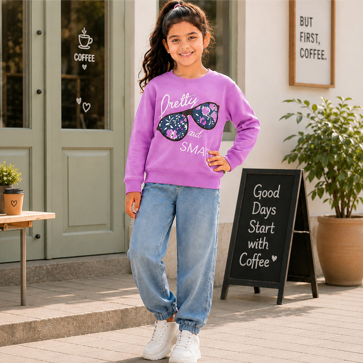 Kuchipoo Girls Regular Fit Graphic Printed Full Sleeve Round Neck Winterwear